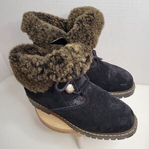 Sorel‎ Suede Shearling Black Lace Up Fold Over Boots Women's Size 7